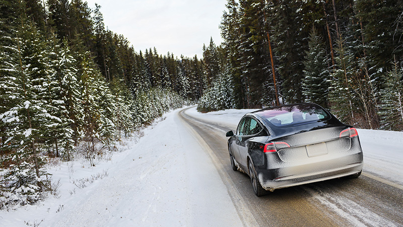 electric car on snowy road