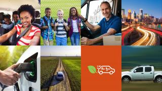 collage of images with people driving, roads, electric vehicle being charged, kids standing near a playground