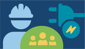 illustration of a person with a hard hat and an electrical plug. People icons representing a community are in the center.