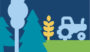 graphic illustrating a tractor and wheat with trees in the foreground