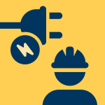 Icon depicting a worker with a hard hat, an electrical plug, and a clean energy symbol