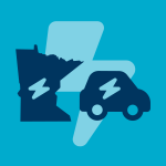 clean transportation icon depicting a car, the state of Minnesota, and clean energy symbols