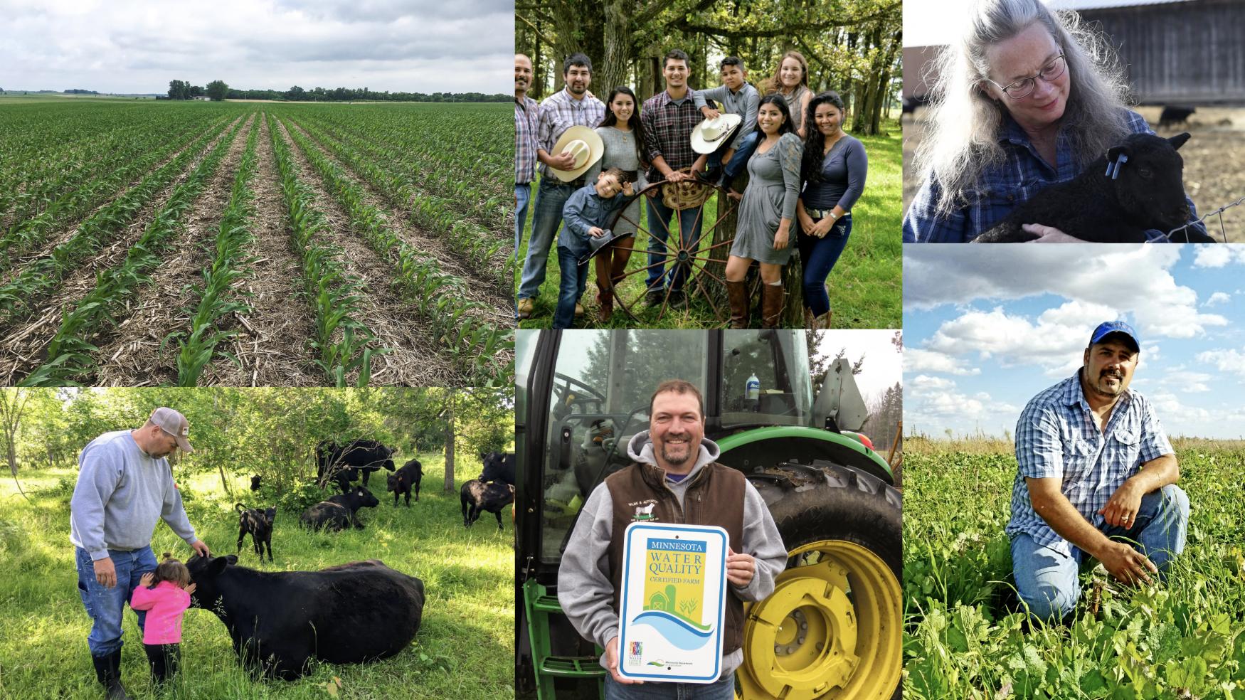 Collage of a field, and five farmers and families.