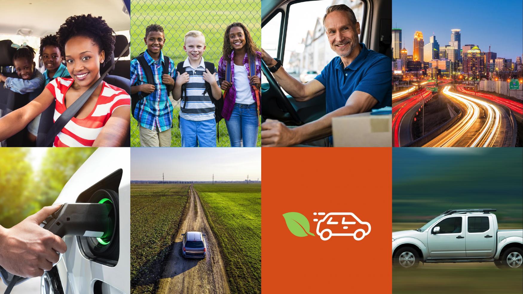 collage of images with people driving, roads, electric vehicle being charged, kids standing near a playground