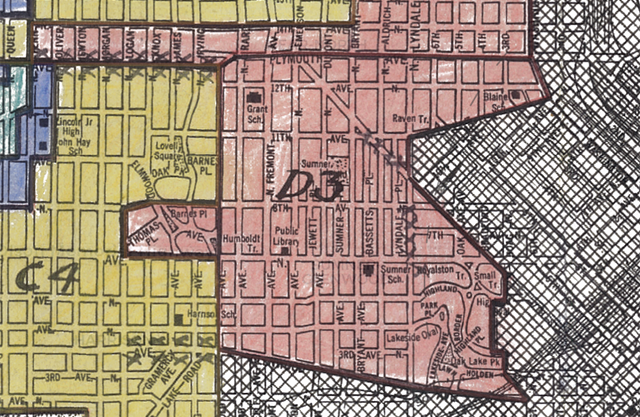 Street map of north Minneapolis showing redlined districts