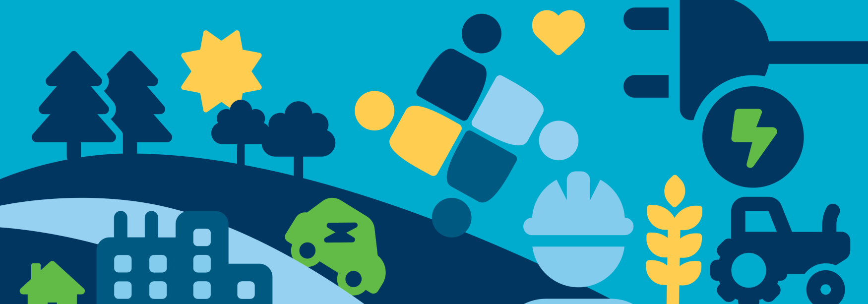 Illustration depicting various climate actions, including an EV car, city, rural and natural areas, and community